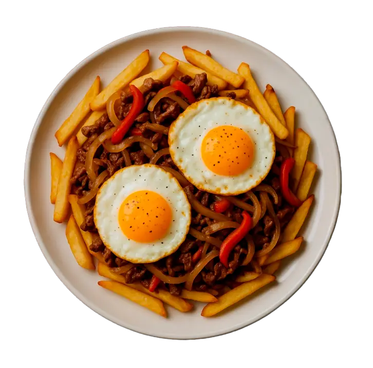 Chorrillana chilena tradicional con papas fritas, cebolla caramelizada, carne de vacuno picada, huevos fritos y longanizas.
