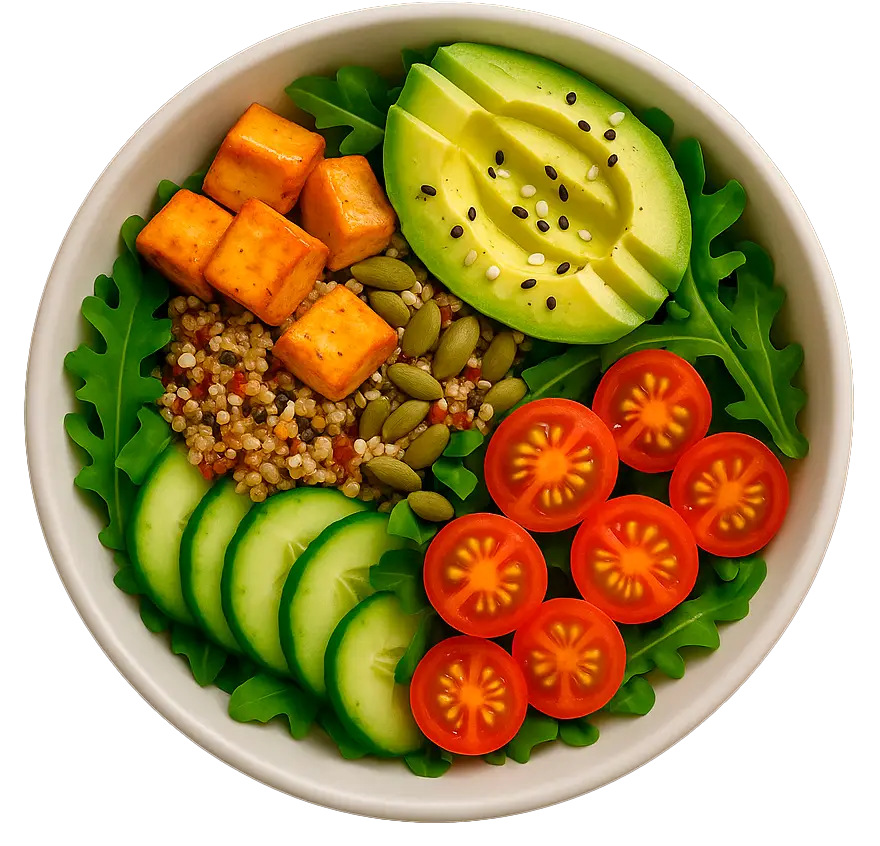 Ensalada chilena saludable con quínoa, tomates rojos, palta, tofu, pepino y cilantro fresco.